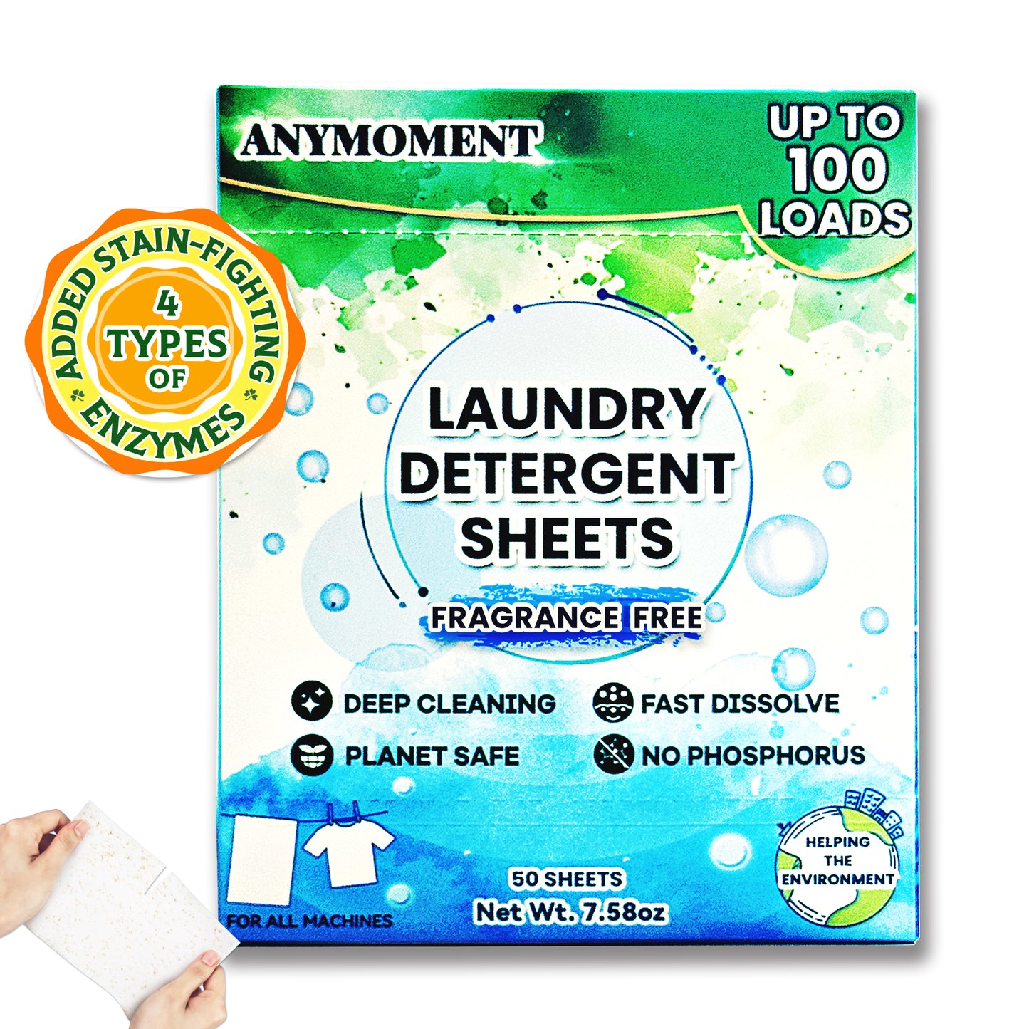 Anymonent Laundry Detergent Sheets 100 Loads – Dissolvable Laundry Sheet for Washing Machines, Compact Alternative to Liquid & Powder Detergent, Travel-Friendly Soap | Fragrance Free