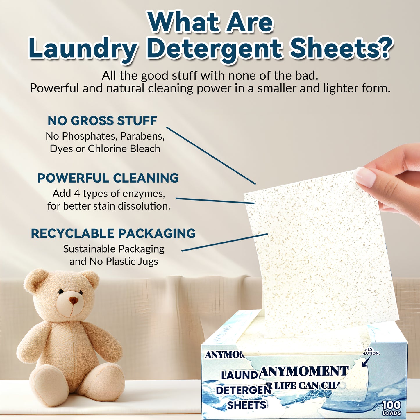 Anymonent Laundry Detergent Sheets 100 Loads – Dissolvable Laundry Sheet for Washing Machines, Compact Alternative to Liquid & Powder Detergent, Travel-Friendly Soap | Fragrance Free