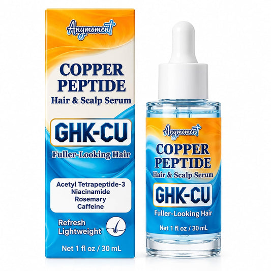 Anymoment Copper Peptide Hair & Scalp Serum, 30 mL bottle and carton, with GHK-Cu and caffeine.