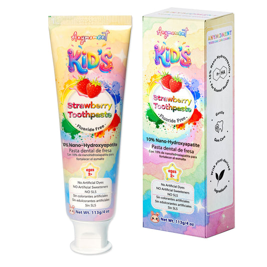 Anymoment Kids Strawberry Toothpaste single 4 oz tube and carton shown as packaging reference. Amazon offer contains two tubes, 8 oz total.