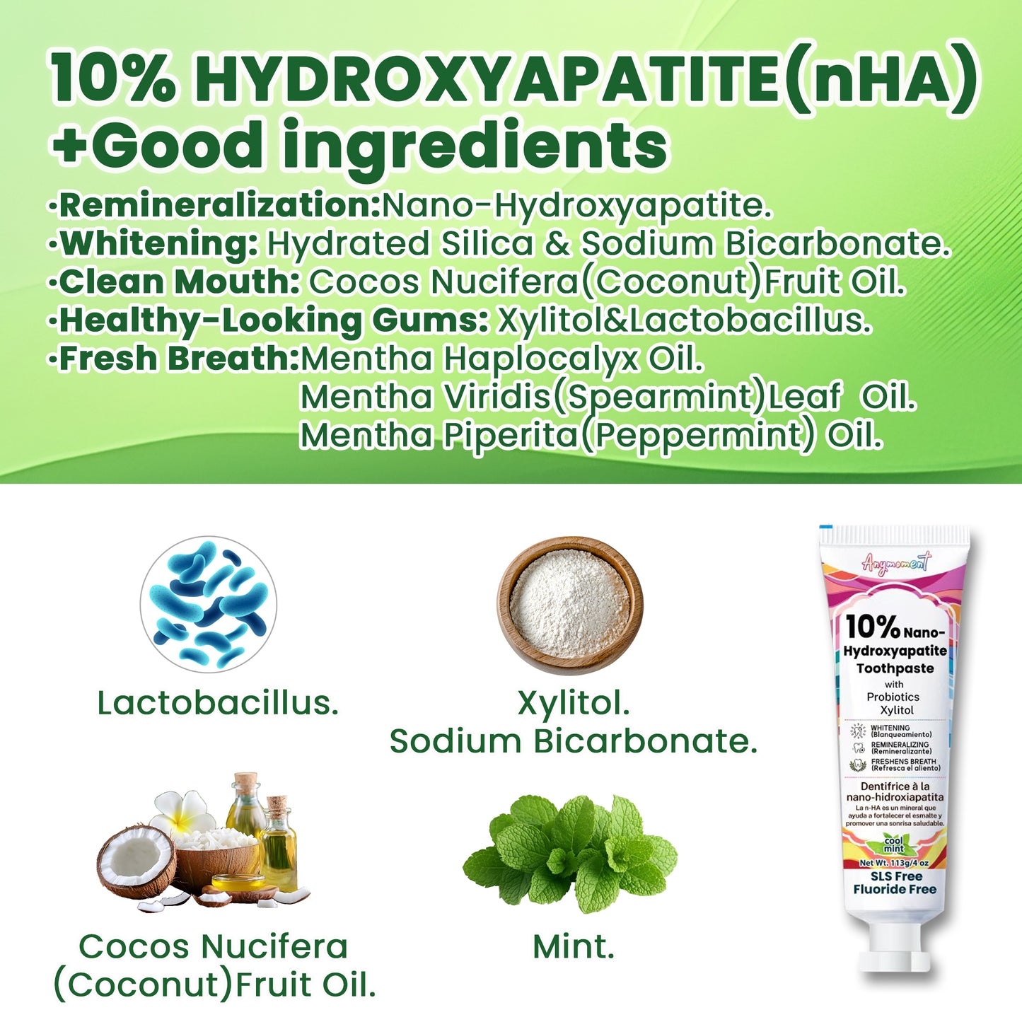 Anymoment 10% Nano Hydroxyapatite Toothpaste (Fluoride Free), Whitening*, Supports Enamel Care*, Appropriate for Sensitive Teeth*, SLS Free, Xylitol nHA Toothpaste for Adults, Mint 4oz