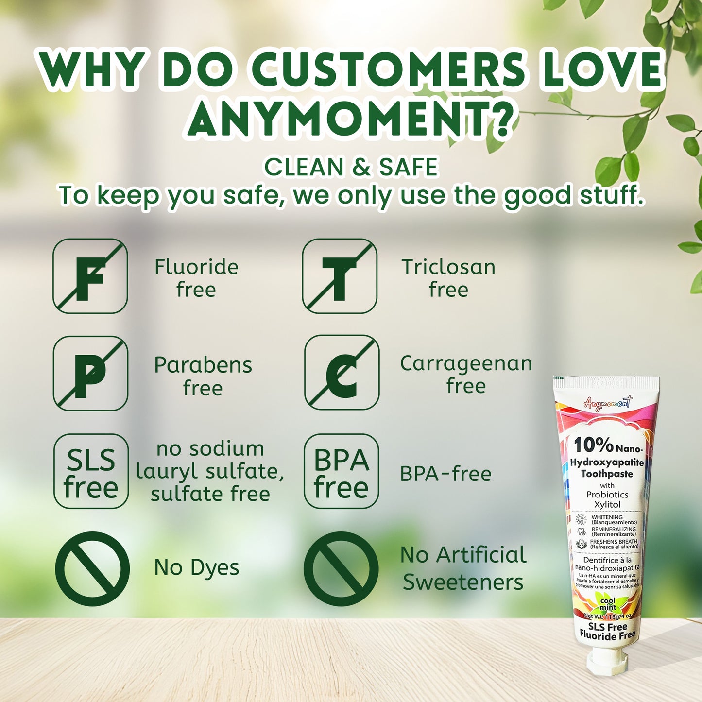 Anymoment 10% Nano Hydroxyapatite Toothpaste (Fluoride Free), Whitening*, Supports Enamel Care*, Appropriate for Sensitive Teeth*, SLS Free, Xylitol nHA Toothpaste for Adults, Mint 4oz