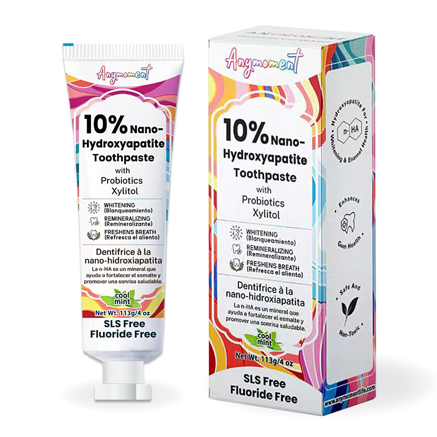 Anymoment 10% Nano Hydroxyapatite Toothpaste (Fluoride Free), Whitening*, Supports Enamel Care*, Appropriate for Sensitive Teeth*, SLS Free, Xylitol nHA Toothpaste for Adults, Mint 4oz